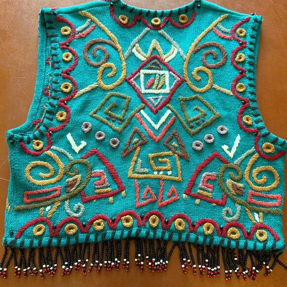 Vintage Knit Vest L Rafia Teal Geometric Beaded Fringe Boho 80s 90s Rare - Picture 6 of 7